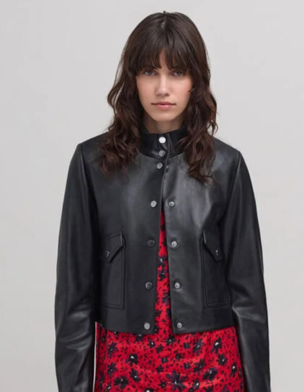 Chaqueta corta de piel con cuello de punto - Imagen 5