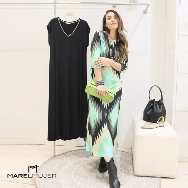 Vestido largo fluido en verdes y negro