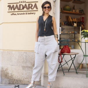 Pantalón bombacho de lino en gris perla