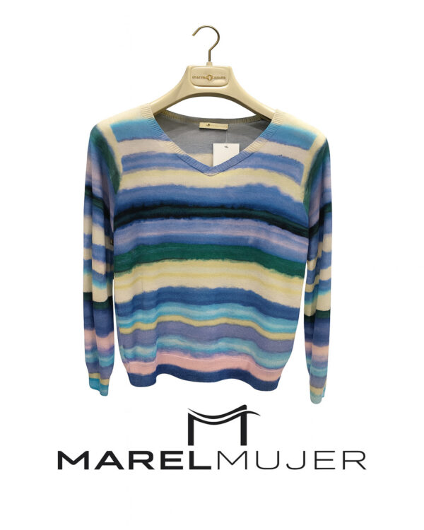 Jersey cuello pico rayas lana merino