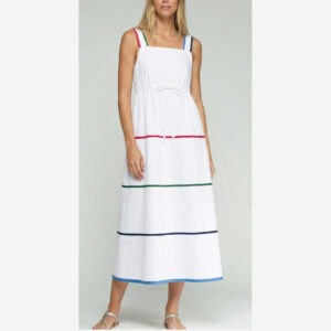 Vestido blanco con detalles de lazos de colores en costuras